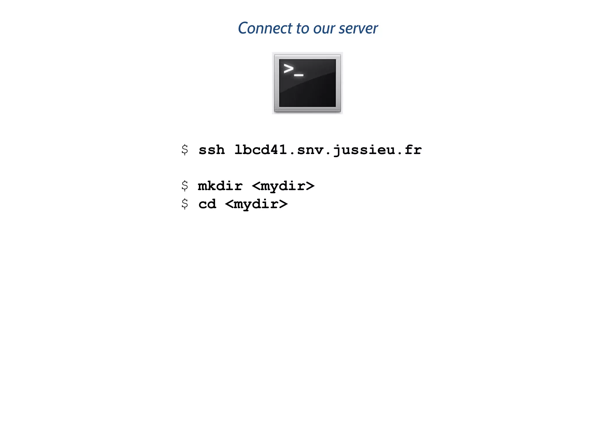 Connect to our server
$ ssh lbcd41.snv.jussieu.fr
$ mkdir <mydir>
$ cd <mydir>
 