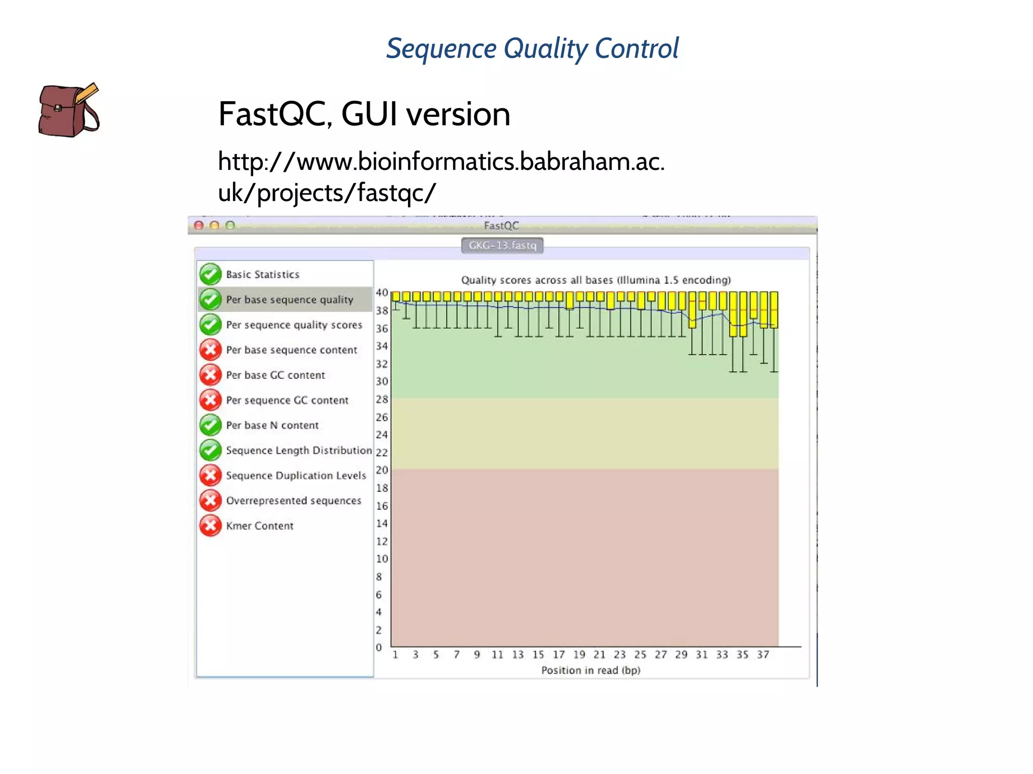 Sequence Quality Control
http://www.bioinformatics.babraham.ac.
uk/projects/fastqc/
FastQC, GUI version
 