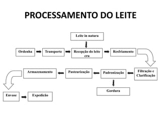PROCESSAMENTO DO LEITE
                                           Leite in natura



         Ordenha          Transporte      Recepção do leite        Resfriamento
                                                cru



             Armazenamento             Pasteurização          Padronização        Filtração e
                                                                                  Clarificação



                                                                Gordura
Envase             Expedicão
 