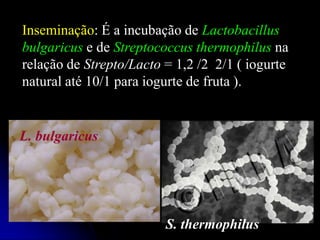 Inseminação: É a incubação de Lactobacillus
bulgaricus e de Streptococcus thermophilus na
relação de Strepto/Lacto = 1,2 /2 2/1 ( iogurte
natural até 10/1 para iogurte de fruta ).

L. bulgaricus

S. thermophilus

 