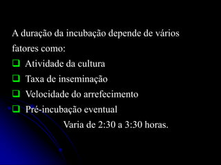 A duração da incubação depende de vários
fatores como:

 Atividade da cultura
 Taxa de inseminação
 Velocidade do arrefecimento

 Pré-incubação eventual
Varia de 2:30 a 3:30 horas.

 