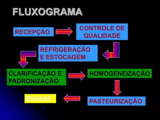 FLUXOGRAMA
RECEPÇÃO

CONTROLE DE
QUALIDADE

REFRIGERAÇÃO
E ESTOCAGEM
CLARIFICAÇÃO E
PADRONIZAÇÃO
ENVASE

HOMOGENEIZAÇÃO

PASTEURIZAÇÃO

 