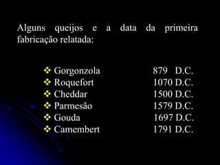 Alguns queijos e a data da primeira
fabricação relatada:
 Gorgonzola
 Roquefort
 Cheddar
 Parmesão
 Gouda
 Camembert

879 D.C.
1070 D.C.
1500 D.C.
1579 D.C.
1697 D.C.
1791 D.C.

 