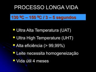 PROCESSO LONGA VIDA
130 0C – 150 0C / 3 – 5 segundos

 Ultra Alta Temperatura (UAT)
 Ultra High Temperature (UHT)
 Alta eficiência (> 99,99%)
 Leite necessita homogeneização
 Vida útil 4 meses

 