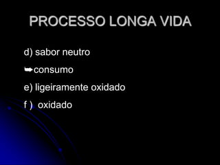 PROCESSO LONGA VIDA
d) sabor neutro
➥consumo
e) ligeiramente oxidado
f ) oxidado

 