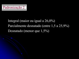 Padronização 2

Integral (maior ou igual a 26,0%)
Parcialmente desnatado (entre 1,5 a 25,9%)
Desnatado (menor que 1,5%)

 