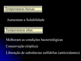 Temperaturas baixas
Aumentam a Solubilidade
Temperaturas altas

Melhoram as condições bacteriológicas
Conservação (triplica)
Liberação de substâncias sulfidrilas (antioxidantes)

 