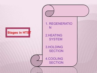 Stages in HTST
1. REGENERATIO
N
2.HEATING
SYSTEM
3.HOLDING
SECTION
4.COOLING
SECTION
 