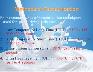 1. Low Temperature Long Time (LTLT) / holder
method/ Vat pasteurisation:
• A less conventional and typically for home
past...