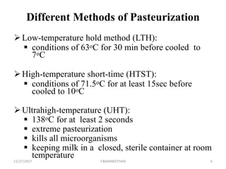Different Methods of Pasteurization
Low-temperature hold method (LTH):
 conditions of 63oC for 30 min before cooled to
7oC
High-temperature short-time (HTST):
 conditions of 71.5oC for at least 15sec before
cooled to 10oC
Ultrahigh-temperature (UHT):
 138oC for at least 2 seconds
 extreme pasteurization
 kills all microorganisms
 keeping milk in a closed, sterile container at room
temperature
11/27/2017 Y.BAVANEETHAN 6
 
