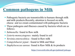 Common pathogens in Milk
 Pathogenic bacteria are transmissible to humans through milk
and milk products.Recently, attention is focused on milk,
cheese and ice cream contaminated with pathogenic bacteria
 These pathogens and illnesses caused by bacteria which are as
follows-
 Salmonella: found in Raw milk
 Listeria monocytogenes: mainly found in soil
 Yersinia enterocolitica : found in Raw milk
 Campylobacter jejuni : found in Milk and Meat
 Staphylococcus aureus: found in Raw Milk & its products
https://www.ncbi.nlm.nih.gov/pubmed/3060492
 