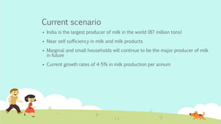 Current scenario
 India is the largest producer of milk in the world (87 million tons)
 Near self sufficiency in milk and milk products
 Marginal and small households will continue to be the major producer of milk
in future
 Current growth rates of 4-5% in milk production per annum
 
