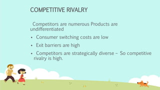 COMPETITIVE RIVALRY
Competitors are numerous Products are
undifferentiated
 Consumer switching costs are low
 Exit barriers are high
 Competitors are strategically diverse – So competitive
rivalry is high.
 