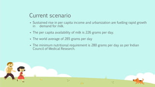 Current scenario
 Sustained rise in per capita income and urbanization are fuelling rapid growth
in demand for milk.
 The per capita availability of milk is 226 grams per day.
 The world average of 285 grams per day
 The minimum nutritional requirement is 280 grams per day as per Indian
Council of Medical Research.
 