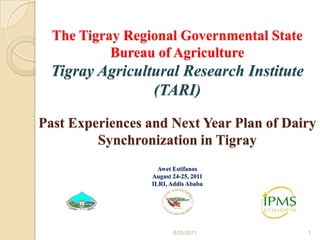 The Tigray Regional Governmental State Bureau of Agriculture Tigray Agricultural Research Institute (TARI)Past Experiences and Next Year Plan of Dairy Synchronization in TigrayAwetEstifanosAugust 24-25, 2011ILRI, Addis Ababa 8/24/2011 1 
