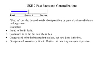 USE 2 Past Facts and Generalizations
"Used to" can also be used to talk about past facts or generalizations which are
no longer true.
Examples:
• I used to live in Paris.
• Sarah used to be fat, but now she is thin.
• George used to be the best student in class, but now Lena is the best.
• Oranges used to cost very little in Florida, but now they are quite expensive.
 