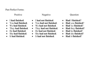Positive Negative Question
• I had finished.
• You had finished.
• We had finished.
• They had finished.
• He had finished.
• She had finished.
• It had finished.
• I had not finished.
• You had not finished.
• We had not finished.
• They had not finished.
• He had not finished.
• She had not finished.
• It had not finished.
• Had I finished?
• Had you finished?
• Had we finished?
• Had they finished?
• Had he finished?
• Had she finished?
• Had it finished?
Past Perfect Forms:
 