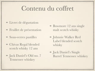 Contenu du coffret
Livret de dégustation
Feuillet de présentation
Sous-verres pastilles
Chivas Regal blended
scotch whisky 12 ans
Jack Daniel’s Old no. 7
Tennessee whiskey
Bowmore 12 ans single
malt scotch whisky
Johnnie Walker Red
Label blended scotch
whisky
Jack Daniel’s Single
Barrel Tennessee whiskey
 