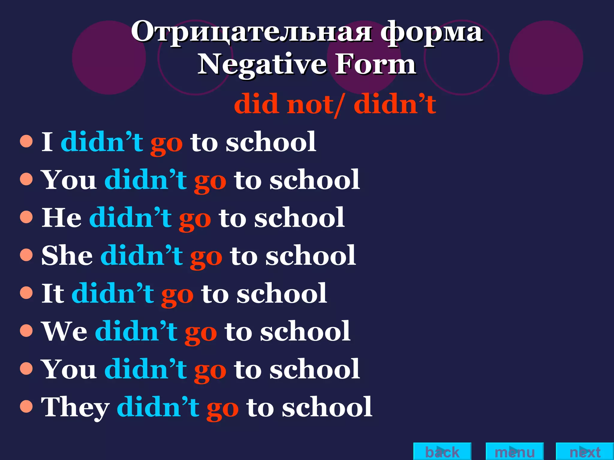 Отрицательная форма Negative Form did not/ didn’t I  didn’t   go  to school You  didn’t   go  to school He  didn’t   go  to school She  didn’t   go  to school It  didn’t   go  to school We  didn’t   go  to school You  didn’t   go  to school They  didn’t   go  to school back menu next 