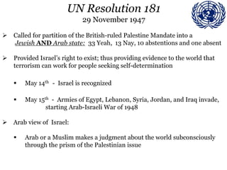 UN Resolution 181
29 November 1947
 Called for partition of the British-ruled Palestine Mandate into a
Jewish AND Arab state: 33 Yeah, 13 Nay, 10 abstentions and one absent
 Provided Israel’s right to exist; thus providing evidence to the world that
terrorism can work for people seeking self-determination
 May 14th - Israel is recognized
 May 15th - Armies of Egypt, Lebanon, Syria, Jordan, and Iraq invade,
starting Arab-Israeli War of 1948
 Arab view of Israel:
 Arab or a Muslim makes a judgment about the world subconsciously
through the prism of the Palestinian issue
 