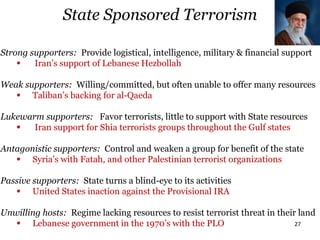 27
Strong supporters: Provide logistical, intelligence, military & financial support
 Iran’s support of Lebanese Hezbollah
Weak supporters: Willing/committed, but often unable to offer many resources
 Taliban’s backing for al-Qaeda
Lukewarm supporters: Favor terrorists, little to support with State resources
 Iran support for Shia terrorists groups throughout the Gulf states
Antagonistic supporters: Control and weaken a group for benefit of the state
 Syria’s with Fatah, and other Palestinian terrorist organizations
Passive supporters: State turns a blind-eye to its activities
 United States inaction against the Provisional IRA
Unwilling hosts: Regime lacking resources to resist terrorist threat in their land
 Lebanese government in the 1970’s with the PLO
State Sponsored Terrorism
 
