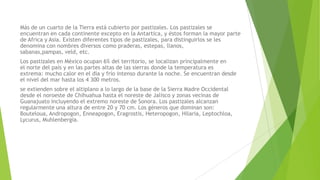 Más de un cuarto de la Tierra está cubierto por pastizales. Los pastizales se
encuentran en cada continente excepto en la Antartica, y éstos forman la mayor parte
de Africa y Asia. Existen diferentes tipos de pastizales, para distinguirlos se les
denomina con nombres diversos como praderas, estepas, llanos,
sabanas,pampas, veld, etc.
Los pastizales en México ocupan 6% del territorio, se localizan principalmente en
el norte del país y en las partes altas de las sierras donde la temperatura es
extrema: mucho calor en el día y frío intenso durante la noche. Se encuentran desde
el nivel del mar hasta los 4 300 metros.
se extienden sobre el altiplano a lo largo de la base de la Sierra Madre Occidental
desde el noroeste de Chihuahua hasta el noreste de Jalisco y zonas vecinas de
Guanajuato incluyendo el extremo noreste de Sonora. Los pastizales alcanzan
regularmente una altura de entre 20 y 70 cm. Los géneros que dominan son:
Bouteloua, Andropogon, Enneapogon, Eragrostis, Heteropogon, Hilaria, Leptochloa,
Lycurus, Muhlenbergia.
 