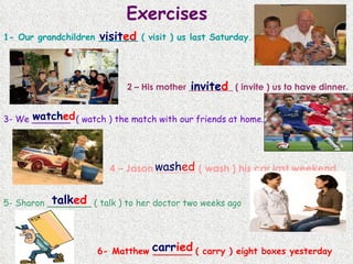 Exercises  1- Our grandchildren _______ ( visit ) us last Saturday . 2 – His mother __________ ( invite ) us to have dinner. 3- We _______  ( watch ) the match with our friends at home. 4 – Jason ________ ( wash ) his car last weekend 5- Sharon ________ ( talk ) to her doctor two weeks ago 6- Matthew _______ ( carry ) eight boxes yesterday visit ed invite d wash ed talk ed carr ied watch ed 