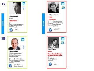 Fabrizio Caso
CEO
ROKIVO US
17
USA
USA
User experience
design, Digital
media
Filippo Ferraris
CMO
Enerbrain
UK, USA
Remote control
energy efficiency
management
platform
Arrigo Bodda
Angel Investor and
Human Resources
Management
18
USA
USA (East
Coast, Midwest)
IT, Automation,
Consumer Goods,
Packaging
USA
Luca Pegolo
Owner
Luca Pegolo Design
Studio /SPItech srl
Design
MENTOR
MENTEE
 