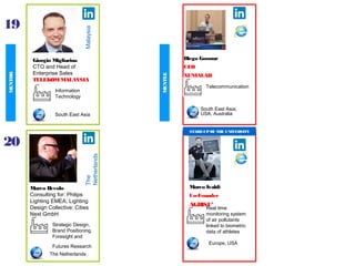 19
Marco Bevolo
Consulting for: Philips
Lighting EMEA; Lighting
Design Collective; Cities
Next GmbH
Strategic Design,
Brand Positioning,
Foresight and
Futures Research
The Netherlands
The
Netherlands
20
Marco Ivaldi
Co-Founder
AGRISU’
Europe, USA
Real time
monitoring system
of air pollutants
linked to biometric
data of athletes
START-UPOF THE UNIVERSITY
Giorgio Migliarina
CTO and Head of
Enterprise Sales
TELEKOMMALAYSIA
Information
Technology
South East Asia
Malaysia
Diego Gosmar
CEO
XENIALAB
South East Asia,
USA, Australia
Telecommunication
MENTOR
MENTEE
 