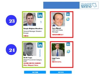23
24
Giorgio Delpiano Benedetto
General Manager Western
Europe
SHELL
UK
Luca Rigazzi
CEO and Sales
Manager
GRAZIADIO & C
Netherlands
Davide Coppo
Global Procurement Category
Lead
JACOBS DOUWE EGBERTS
(Past: Whirpool, Valeo)
Luigi Costa
CEO
MISTA S.P.A.
MENTOR MENTEE
 