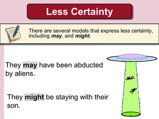 Less Certainty
There are several modals that express less certainty,
including may, and might.
They may have been abducted
by aliens.
They might be staying with their
son.
 