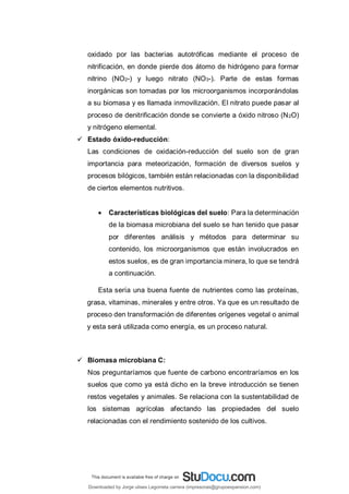 oxidado por las bacterias autotróficas mediante el proceso de
nitrificación, en donde pierde dos átomo de hidrógeno para formar
nitrino (NO2-) y luego nitrato (NO3-). Parte de estas formas
inorgánicas son tomadas por los microorganismos incorporándolas
a su biomasa y es llamada inmovilización. El nitrato puede pasar al
proceso de denitrificación donde se convierte a óxido nitroso (N2O)
y nitrógeno elemental.
 Estado óxido-reducción:
Las condiciones de oxidación-reducción del suelo son de gran
importancia para meteorización, formación de diversos suelos y
procesos bilógicos, también están relacionadas con la disponibilidad
de ciertos elementos nutritivos.
 Características biológicas del suelo: Para la determinación
de la biomasa microbiana del suelo se han tenido que pasar
por diferentes análisis y métodos para determinar su
contenido, los microorganismos que están involucrados en
estos suelos, es de gran importancia minera, lo que se tendrá
a continuación.
Esta sería una buena fuente de nutrientes como las proteínas,
grasa, vitaminas, minerales y entre otros. Ya que es un resultado de
proceso den transformación de diferentes orígenes vegetal o animal
y esta será utilizada como energía, es un proceso natural.
 Biomasa microbiana C:
Nos preguntaríamos que fuente de carbono encontraríamos en los
suelos que como ya está dicho en la breve introducción se tienen
restos vegetales y animales. Se relaciona con la sustentabilidad de
los sistemas agrícolas afectando las propiedades del suelo
relacionadas con el rendimiento sostenido de los cultivos.
Downloaded by Jorge ulises Legorreta carrera (impresoras@grupoexpansion.com)
lOMoARcPSD|12540030
 