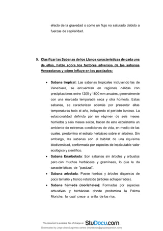 efecto de la gravedad o como un flujo no saturado debido a
fuerzas de capilaridad.
5. Clasificar las Sabanas de los Llanos características de cada una
de ellas, hable sobre los factores adversos da las sabanas
Venezolanas y cómo influye en los pastizales:
 Sabana tropical: Las sabanas tropicales incluyendo las de
Venezuela, se encuentran en regiones cálidas con
precipitaciones entre 1200 y 1800 mm anuales, generalmente
con una marcada temporada seca y otra húmeda. Estas
sabanas, se caracterizan además por presentar altas
temperaturas todo el año, incluyendo el período lluvioso. La
estacionalidad definida por un régimen de seis meses
húmedos y seis meses secos, hacen de este ecosistema un
ambiente de extremas condiciones de vida, en medio de las
cuales, predomina el estrato herbáceo sobre el arbóreo. Sin
embargo, las sabanas son el hábitat de una riquísima
biodiversidad, conformada por especies de incalculable valor
ecológico y científico.
 Sabana Enarbolada: Son sabanas sin árboles y arbustos
pero con muchas herbáceos y gramíneas, lo que le da
características de "pastizal".
 Sabana arbolada: Posee hierbas y árboles dispersos de
poco tamaño y tronco retorcido (árboles achaparrados).
 Sabana húmeda (morichales): Formadas por especies
arbustivas y herbáceas donde predomina la Palma
Moriche, la cual crece a orilla de los ríos.
Downloaded by Jorge ulises Legorreta carrera (impresoras@grupoexpansion.com)
lOMoARcPSD|12540030
 
