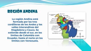 Región Andina
La región Andina está
formada por las tres
cordilleras de los Andes y los
valles interandinos del
Magdalena y Cauca. Se
extiende desde el sur, en los
límites de Colombia con
Ecuador, hasta el norte en los
límites con Venezuela.
 