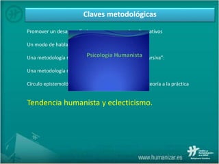 Claves metodológicas
Promover un desaprendizaje y propone espacios alternativos
Un modo de hablar asequible
Una metodología narrativa o “en línea con la ética discursiva”:
Una metodología mayéutica:
Círculo epistemológico: de la práctica a la teoría, de la teoría a la práctica
Tendencia humanista y eclecticismo.
 