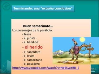 Buen samarinato…
Los personajes de la parábola:
- Jesús
- el jurista
- el bandido
- el herido
- el sacerdote
- el levita
- el samaritano
- el posadero
http://www.youtube.com/watch?v=Nd6SyaYBB_E
Terminando: una “extraña conclusión”
 