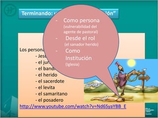Terminando: una “extraña conclusión”
Los personajes de la parábola:
- Jesús
- el jurista
- el bandido
- el herido
- el sacerdote
- el levita
- el samaritano
- el posadero
http://www.youtube.com/watch?v=Nd6SyaYBB_E
- Como persona
(vulnerabilidad del
agente de pastoral)
- Desde el rol
(el sanador herido)
- Como
Institución
(Iglesia)
 