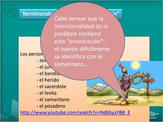 Terminando: una “extraña conclusión”
Los personajes de la parábola:
- Jesús
- el jurista
- el bandido
- el herido
- el sacerdote
- el levita
- el samaritano
- el posadero
http://www.youtube.com/watch?v=Nd6SyaYBB_E
Cabe pensar que la
intencionalidad de la
parábola contiene
esta “provocación”:
el oyente difícilmente
se identifica con el
samaritano…
 