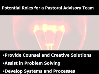Why have a Pastoral Advisory Team? Provide Counsel and Creative Solutions Assist in Problem Solving Develop Systems and Processes Potential Roles for a Pastoral Advisory Team 