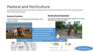Pastoral and Horticulture
Some group found that they could tame and breed some of animals that they hunted. Other discovered that
they could cultivate plants.
Pastoral Societies
Pastoral Society is a social group of pastoralism, and is
typical nomadic.
Horticultural Societies
Horticultural Society is an organization devote to the study
and culture of cultivated plants.
Domestication revolution
is the process of increasing
human control over the
breeding of wild plants and
animals in order to select for traits
that make them more useful for
human needs.Animals Plants
By: An Somoun
 