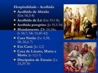 Hospitalidade - AcolhidaHospitalidade - Acolhida
 Acolhida de AbraãoAcolhida de Abraão
(Gn 18,3-8)(Gn 18,3-8)
 Acolhida de LóAcolhida de Ló ((Gn 19,1-8);Gn 19,1-8);
 Acolhida peregrinoAcolhida peregrino (Jz 19,3-34)(Jz 19,3-34)
 MandamentoMandamento (Dt 10,18s;(Dt 10,18s;
Is 58,7; Mt 10,40-42)Is 58,7; Mt 10,40-42)
 Casa SimãoCasa Simão (Lc 4,38;(Lc 4,38;
Mt 26,6-7)Mt 26,6-7)
 Em CanáEm Caná (Jo 2,2)(Jo 2,2)
 Casa de Lázaro, Marta eCasa de Lázaro, Marta e
MariaMaria (Jo 12,2-3)(Jo 12,2-3)
 Díscipulos de EmaúsDíscipulos de Emaús (Lc(Lc
24,29-3024,29-30
 