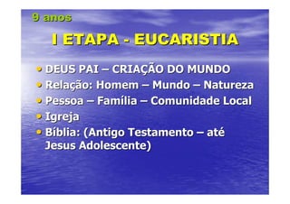 9 anos

  I ETAPA - EUCARISTIA
• DEUS PAI – CRIAÇÃO DO MUNDO
• Relação: Homem – Mundo – Natureza
• Pessoa – Família – Comunidade Local
• Igreja
• Bíblia: (Antigo Testamento – até
 Jesus Adolescente)
 