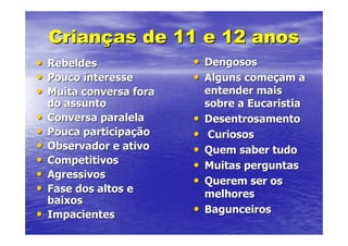 Crianças de 11 e 12 anos
• Rebeldes               • Dengosos
• Pouco interesse        • Alguns começam a
• Muita conversa fora        entender mais
    do assunto               sobre a Eucaristia
•   Conversa paralela    •   Desentrosamento
•   Pouca participação   •    Curiosos
•   Observador e ativo   •   Quem saber tudo
•   Competitivos         •   Muitas perguntas
•   Agressivos
                         •   Querem ser os
•   Fase dos altos e         melhores
    baixos
•   Impacientes          •   Bagunceiros
 