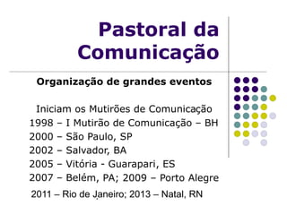 Pastoral da
Comunicação
Organização de grandes eventos
Iniciam os Mutirões de Comunicação
1998 – I Mutirão de Comunicação – BH
2000 – São Paulo, SP
2002 – Salvador, BA
2005 – Vitória - Guarapari, ES
2007 – Belém, PA
Pastoral da
Comunicação
Organização de grandes eventos
Iniciam os Mutirões de Comunicação
1998 – I Mutirão de Comunicação – BH
2000 – São Paulo, SP
2002 – Salvador, BA
2005 – Vitória - Guarapari, ES
2007 – Belém, PA; 2009 – Porto Alegre
2011 – Rio de Janeiro; 2013 – Natal, RN
 