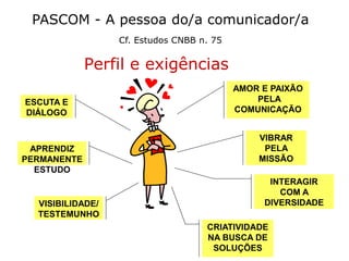 Perfil e exigências
PASCOM - A pessoa do/a comunicador/a
Cf. Estudos CNBB n. 75
AMOR E PAIXÃO
PELA
COMUNICAÇÃO
VIBRAR
PELA
MISSÃO
INTERAGIR
COM A
DIVERSIDADEVISIBILIDADE/
TESTEMUNHO
APRENDIZ
PERMANENTE
ESTUDO
ESCUTA E
DIÁLOGO
CRIATIVIDADE
NA BUSCA DE
SOLUÇÕES
 