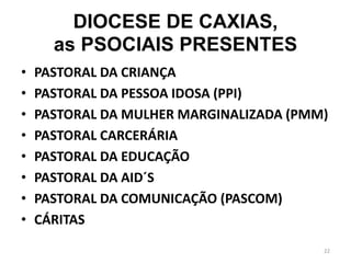 DIOCESE DE CAXIAS,
as PSOCIAIS PRESENTES
• PASTORAL DA CRIANÇA
• PASTORAL DA PESSOA IDOSA (PPI)
• PASTORAL DA MULHER MARGINALIZADA (PMM)
• PASTORAL CARCERÁRIA
• PASTORAL DA EDUCAÇÃO
• PASTORAL DA AID´S
• PASTORAL DA COMUNICAÇÃO (PASCOM)
• CÁRITAS
22
 