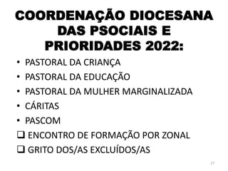 COORDENAÇÃO DIOCESANA
DAS PSOCIAIS E
PRIORIDADES 2022:
• PASTORAL DA CRIANÇA
• PASTORAL DA EDUCAÇÃO
• PASTORAL DA MULHER MARGINALIZADA
• CÁRITAS
• PASCOM
 ENCONTRO DE FORMAÇÃO POR ZONAL
 GRITO DOS/AS EXCLUÍDOS/AS
27
 