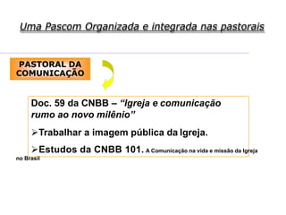 Uma Pascom Organizada e integrada nas pastorais
PASTORAL DA
COMUNICAÇÃO
Doc. 59 da CNBB – “Igreja e comunicação
rumo ao novo milênio”
Trabalhar a imagem pública da Igreja.
Estudos da CNBB 101. A Comunicação na vida e missão da Igreja
no Brasil
 