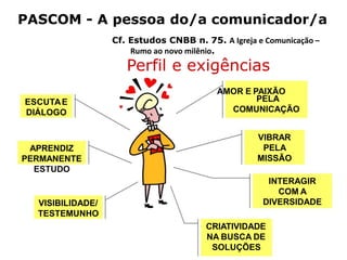 PASCOM - A pessoa do/a comunicador/a
Cf. Estudos CNBB n. 75. A Igreja e Comunicação –
Rumo ao novo milênio.
Perfil e exigências
AMOR E PAIXÃO
ESCUTAE
DIÁLOGO
APRENDIZ
PERMANENTE
ESTUDO
VISIBILIDADE/
TESTEMUNHO
PELA
COMUNICAÇÃO
VIBRAR
PELA
MISSÃO
INTERAGIR
COM A
DIVERSIDADE
CRIATIVIDADE
NA BUSCA DE
SOLUÇÕES
 