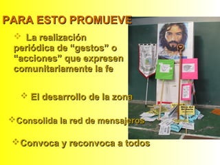  La realizaciónLa realización
periódica de “gestos” operiódica de “gestos” o
“acciones” que expresen“acciones” que expresen
comunitariamente la fecomunitariamente la fe
Convoca y reconvoca a todosConvoca y reconvoca a todos
PARA ESTO PROMUEVEPARA ESTO PROMUEVE
 El desarrollo de la zonaEl desarrollo de la zona
Consolida la red de mensajerosConsolida la red de mensajeros
 